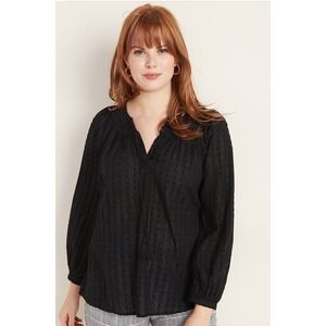 Old Navy Black Bohemian Tie-Neck Boho Blouse Womens L Silver Thread Button‎ Cuff